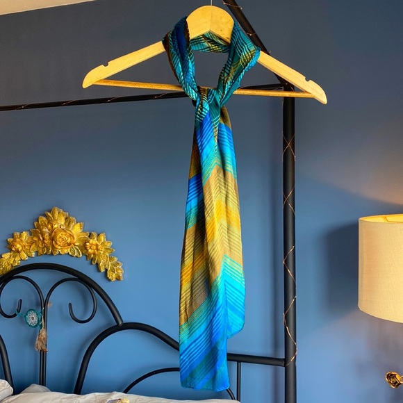 Teal Blue and  Gold Silk Polyester Plaid Scarf - Picture 2 of 4